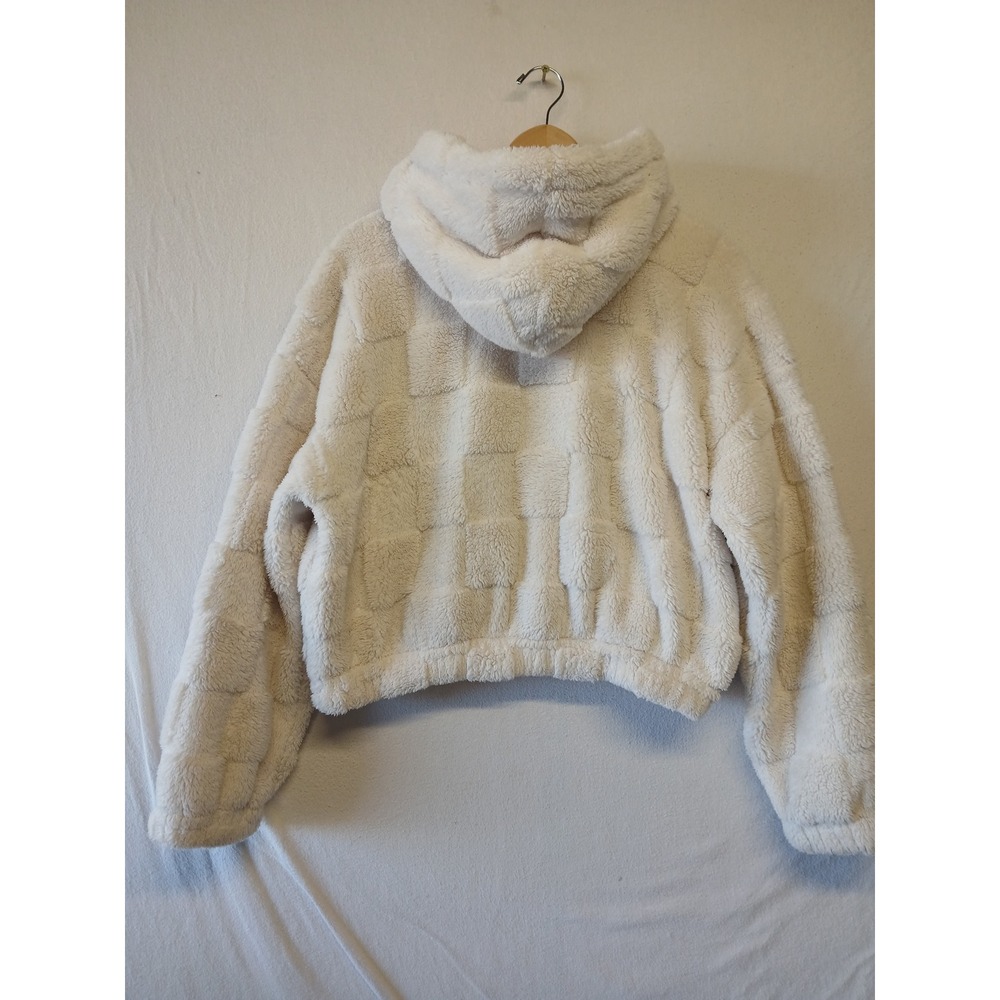 Fuzzy cozy checkered american eagle cropped hoodie 1/2 zip plush lounge cream - Picture 6 of 9